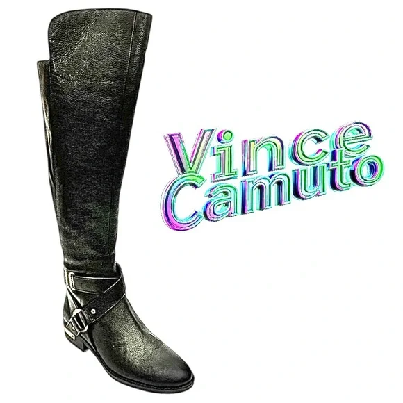 Vince Camuto Knee-High Black Leather Boots Gold Hardware Size 5M Zip - Picture 1 of 10